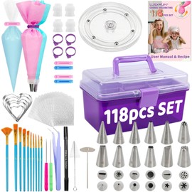 LUSHYUM Cookie Decorating Kit 118pcs with Storage Case, Royal Sugar Piping Bags and Tips Icing Supplies Set, Turntable Scribe Decoration Tools for Kids & Cookie Holiday Christmas Valentine