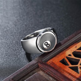OAKKY Men's Stainless Steel Hip Hop Cool Rock Billiard Black 8 Ball Signet Lucky Gothic Biker Ring Punk Competition Sports Silver Size L 1/2