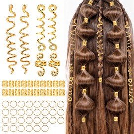 56 Pcs Hair Jewelry for Women Braids, Gold Hair Charms Cuffs Rings, Dreadlock Accessories for Braids Girls, Jewelry Decorations, Spirals Gems Charms, Adjust Gold Loc, 5 Styles