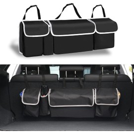 OPQEDGJFN Car Trunk Organizer Bag, Backseat Storage with 4 Pockets, 3 Straps, Foldable