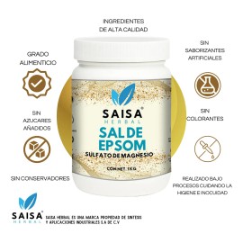 Sulfato De Magnesio 1 kg  Sal De Epsom  Suplemento Alimenticio  Saisa Herbal  Sin Aroma para baos  Ayudar a aliviar el dolor y la tensin muscular,... 