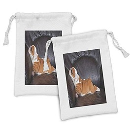 Ambesonne English Bulldog Fabric Pouch Set of 2, Puppy Resting on a Sofa Funny Animal Photography Canine, Small Drawstring Bag for Toiletries Masks and Favors, 9" x 6", Seal Brown White Brown