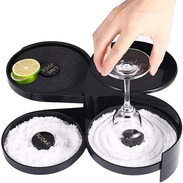 DUDNJC 3 Tier Bar Glass Rimmer for Margarita and Cocktail, Black Plastic Glass Rimming 3 Compartments Sugar, Lime Juice, Salt, Glass Rimmer Tray with Sponge for Bloody Marys, Bartender Tool