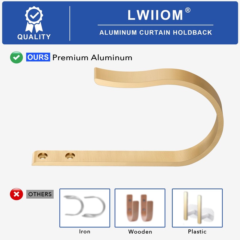 Warm Gold Curtain Drapery Holdbacks,4Pcs Solid Aluminum U Shaped Wall