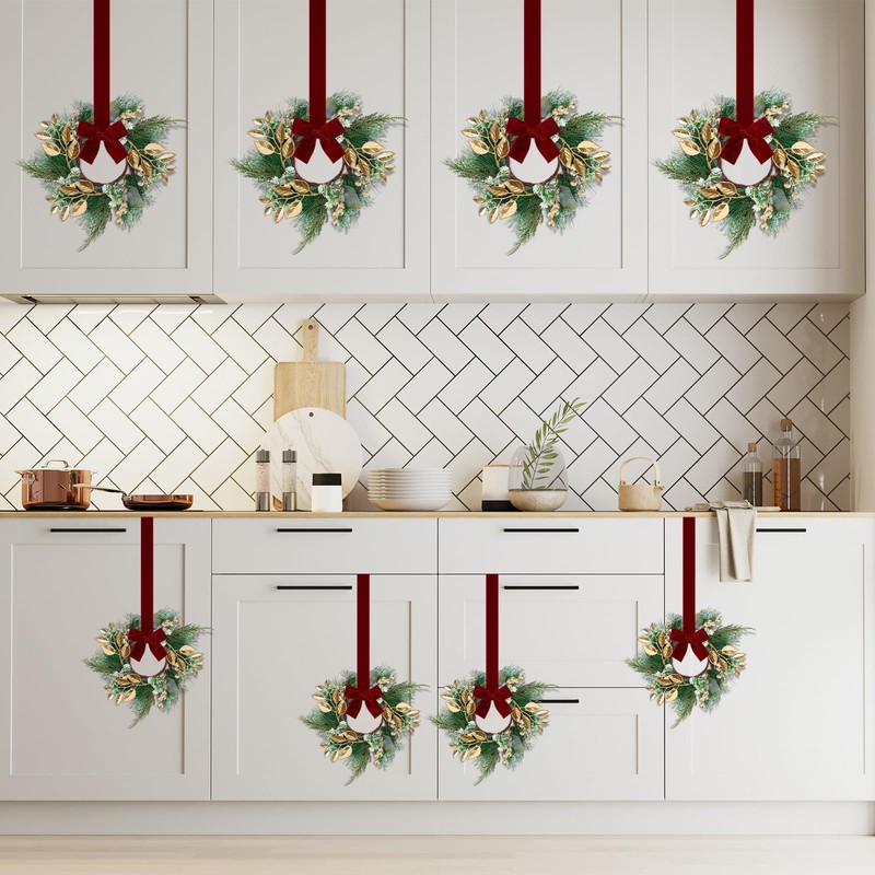 Lyrow 8 Pcs Mini Christmas Kitchen Cabinet Wreaths with Red