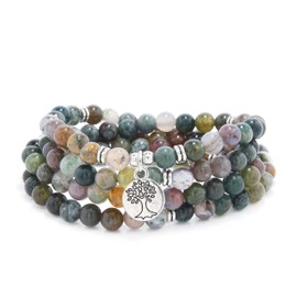 Handmade 108 Stone Mala Beads with Tree of Life Charm - Wear as Necklace or Bracelet (Indian Agate)