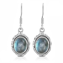 Art Nouveau Women's Earrings 925 Sterling Silver Blue Fire Labradorite 8.6 Carat Silver Earrings, Sterling Silver, Labradorite