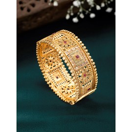 Aheli Gold Plated Synthetic Stone Studded Thick Single Piece Openable Bangle Kada Traditional Jewellery Gift for Women Size - 2.4 Inch