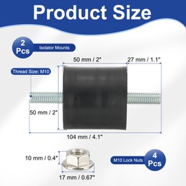 PATIKIL M10 50x50mm Rubber Isolator Mounts, 2 Pcs Rubber Studs Shock Absorber Anti-Vibration Isolation Damping Mounts with Lock Nuts for Motor, Air Compressor, Engines (104mm Height)