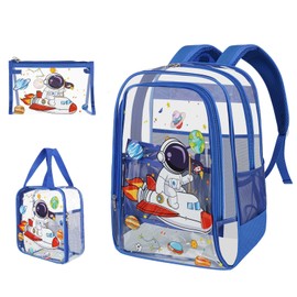QAZMJUE Clear Backpack for Boys Girls - 3 Pcs Astronaut Transparent Backpack Heavy Duty with Lunch Bag Pen Case - PVC Clear Bookbag for Kids Kindergarten Elementary School Travel Stadium Events