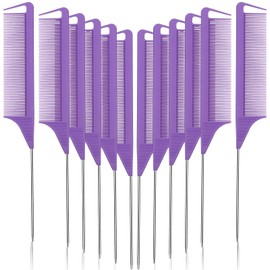 Patelai 12 Pcs Parting Comb for Braids, Purple Stainless Steel Rat Tail Comb for Hair Styling, Hairdressing, Teasing, Pressing, Braiding, Suitable for Salon, Barber and Cosmetic Supply Kits