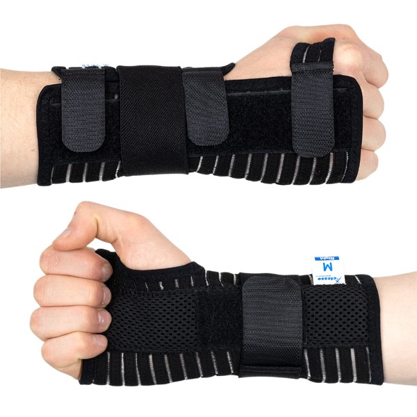 Actesso Breathable Wrist Splint Wrist Support with Carry Strap - Relief for Carpal Tunnel Syndrome, Sprains, RSI and Tendinitis/Tendonitis (XL, Black Left)