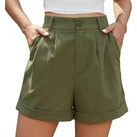 BEIGAI Women's Shorts Summer Linen High Waist Shorts with Pockets, Amry Green