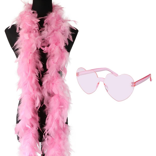 Baby Pink Feather Boa & Heart Sunglasses: 2M Fluffy Boas Decoration & Fancy Dress, Perfect for Harry Styles Concert, Halloween & Weddings Fancy Dress 1920s Burlesque Concert
