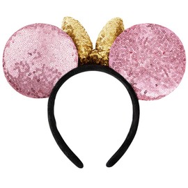 Dolebao 3D Mouse Sequin Ears Headband, Glitter Sequin Bow Hairbands Costume Headwear Hairs Accessories for Women Girls Kids(Pink/Gold)