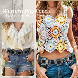 TRIWORKS Women Wide Western Leather Belt Boho Disc Concho Belt Cowgirl Vintage Waist Belt for Jeans Dresses
