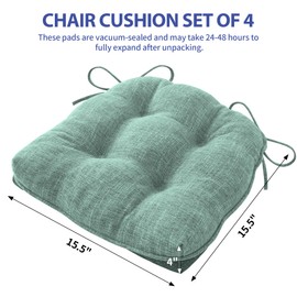 IPYNBAP Chair Cushions for Dining Chairs Set of 4, Indoor Kitchen Chair Cushions with Ties and Non Slip Backing, Tufted Shredded Memory Foam Kitchen Chair Pads, 15.5" x 15.5" x 4", Green