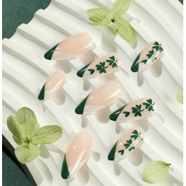 St Patricks Day False Nails with Glue, Green Press on Nails Almond, White French Short Nails Acrylic Glue on Nails, Long Lasting Green Stick on Nails for Women, 24PCS