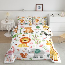 Feelyou Full Size Cartoon Lions Giraffe Comforter Set Zoo Animals Bedding Set Flamingo Zebra Comforter for Kids Boys Girls Kawaii Animals Duvet Insert 3Pcs