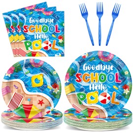 Qyeahkj 100 Pcs Pool Party Decoration for Goodbye School Hello Pool Paper Plate Napkin End of School Year Dinnerware Table Supplies Summer Vacation Graduation Birthday Party Tableware Decor Serves 25
