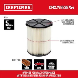 Craftsman - CMXZVBE38754 - Filtro de repuesto para aspiradora húmeda/seca de uso general con rayas rojas para aspiradoras de 5 a 20 galon...
