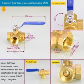 QQAMOGNNK Plumbing Fittings Ball Valve 3 Way Brass Ball Valve 1/4" 3/8" 1/2" 3/4" 1" Copper Switch T-Type L-Type Pipe Natural Gas Valve 1pcs(Fmcb T 25)