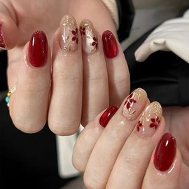 Bibii Nails Handmade False Nails, 3D Nails, Short, Floral Pattern, Spring/Summer, Korean, Popular, Short, 10 Pieces, Cat Eye, Magnet, 100% Handmade Nails for Easy Application, Reusable, Glossy, Cute