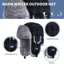 Winter Trapper Hat,100% Real Rabbit Fur Russian Ushanka Aviator Hunting Ski Hat Winter Hat with Ear Flaps for Men Women Black-Grey