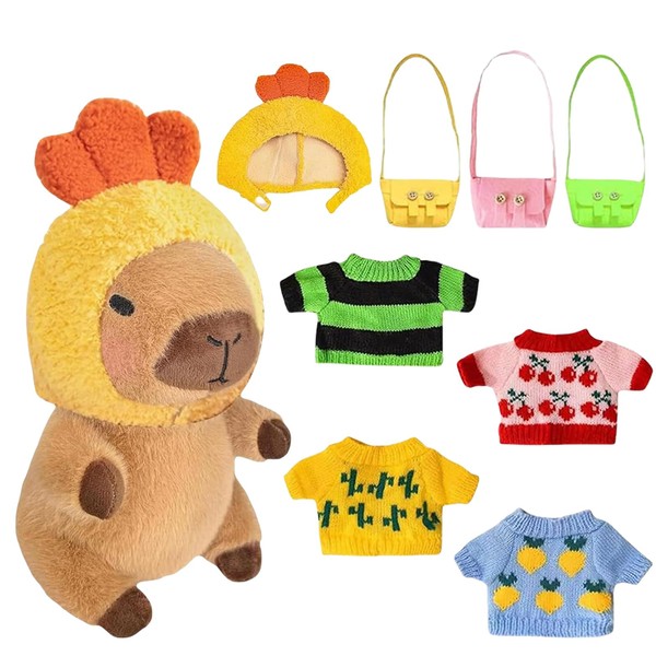 Capybara Plush, 9 Piece Set with Clothes and Accessories, Includes