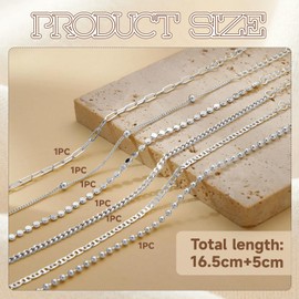 Cosmeria Bracelet Ladies 6-Piece Set 925 Silver, Includes Cuban Chain, Silver Bead Chain, Paperclip Chain, Spaced Silver Beads, Flat Beads