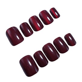 Press on Nails Square, Red Shimmery Fake Nail, Kit of 24 False Nails, 24 Adhesive Tabs and Tools