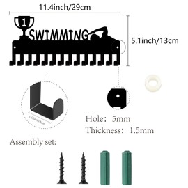 CREATCABIN Swimming Medal Ribbon Holder Award Metal Hooks Small Black Iron Sports Medal Hanger Display Rack Wall Mounted Decor for Swimmers Medalists Athletes Lanyard Ribbons Organizer 11.4x5.1Inch