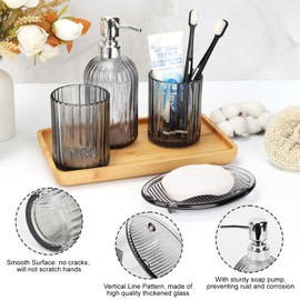 4-Piece Grey Stripe Glass Bathroom Accessories Set,Lotion Soap Dispenser, Toothbrush Holder, Mouthwash Cup & Soap Dish, Modern Bathroom Countertop Organizer for Sink Decor
