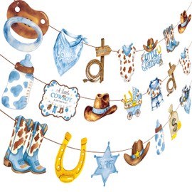 3pcs Little Cowboy Banners, Western Cowboy Bunting Garlands for A Little Cowboy is on the Way Baby Shower Boy Birthday Wild West Gender Reveal Party Supplies