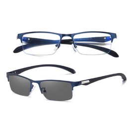 REONAS Brand 2 Blue Light Reduction Glasses + Dimming, Color Changes to Sunglasses for Computers, Business, 2-Way Specifications, Lightweight, UV Protection, Over 90%, Half Rim, navy