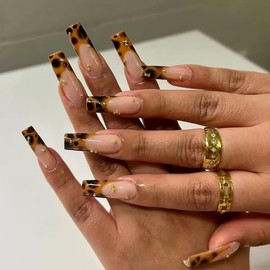 Long Press on Nails French Tip Fake Nails Square with Leopard Print Design Glue on Nails Gold Beads Glossy Acrylic Nails Full Cover Stick on Nails Artificial Nails for Women 24 Pcs