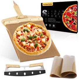 Fortune teller Sliding Pizza Peel, Pizza Peel 12 Inch, Non-stick Pizza Slider Paddle with Pizza Cutter Rocker, Wooden Detachable Transfers Pizza Spatula for Indoor & Outdoor, 22" X 12" Pizza Board