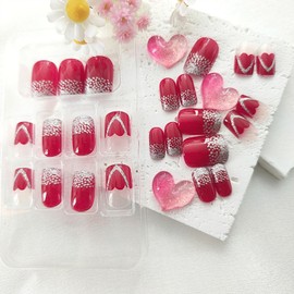 Valentines Press on Nails Short Square Fake Nails with Hearts Designs Silver Glitter Glue on Nails Burgundy Full Cover Nails Press ons Glossy False Nails Valentine's Day Stick on Nails for Women 24Pcs