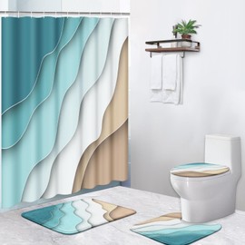 ArtSocket 4PC Shower Curtain Set with Rugs, Abstract Summer Beach Bathroom Set with Non-Slip Rug, Toilet Lid Cover, Bath Mat and 12 Hooks 72x72 inches