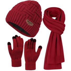 Mens Winter Hats Scarf for Men with Touchscreen Gloves Warm Long Scaves and Skull Caps Beanie Hat Gloves Set, Wine red Hat Scarf Gloves Set