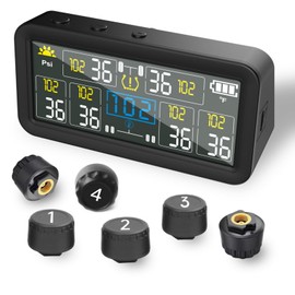 RV Tire Pressure Monitoring Systems (TPMS) w/ 4-inch LCD Screen, Wireless TPMS w/ 6 Sensors & 6 Alarm Modes, 0-144 PSI±1.5PSI, Solar/USB Charging, for RV Truck SUV Dually Truck Heavy-Duty Trailer