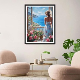 QINRUBB DIY Beauty Diamond Painting Adults, 5D Window Diamond Painting Pictures Beginners, Sea View Round Full Drill Diamond Art Kits Embroidery Cross Stitch Gifts Home Wall Decor 30 x 40 cm