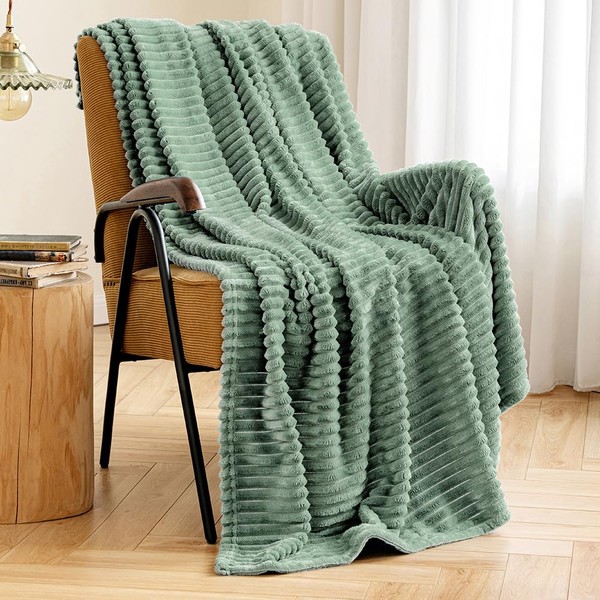 MIULEE Fleece Throw Blanket with Stripe Pattern 300GSM Super Soft