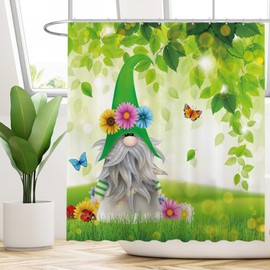 Funnytree 72"x72" Spring Gnomes Green Leaves Butterfly Flower Grass Home Bathtubs Shower Curtain for Bathroom Decor Machine Washable (Hooks Not Included)