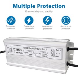 inShareplus AC 110-260V to DC 12V LED Driver, 350W IP67 Waterproof Outdoor Power Supply, 12 Volt 29.1A Low Voltage Transformer, Adapter with 3-Prong Plug for LED Light, Computer Project, Outdoor Use