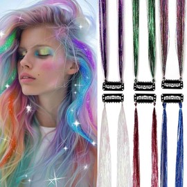 Hair Tinsel Kit For Girls 6 Colored Pre-Assembled Strands Snap-On 20 Inch Colorful Glitter Extensions Tinsel Fairy Hair Party Dazzle Hair Accessories Strands Kit For Women Girls Kids
