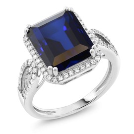 Gem Stone King 5.00 Cttw Blue Simulated Sapphire Ring For Women In 925 Sterling Silver | 12X10MM Emerald Cut | Available In Size 5, 6, 7, 8, 9