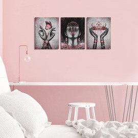 Visual Art Decor African American Canvas Wall Art Pink and Black Woman Portrait Fashion Rose Gold Black Girl Pink Bedroom Decor Framed Artwork for Home Living Room Decor (12inx16inx3Pieces)