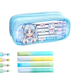 MILLEVIBE ITA Pencil Pouch Kawaii Large Capacity Pen Case : Cute Aesthetic Pencil Box Stationery Supplies for Teen Girls, 4 Included Highlighters (Blue)