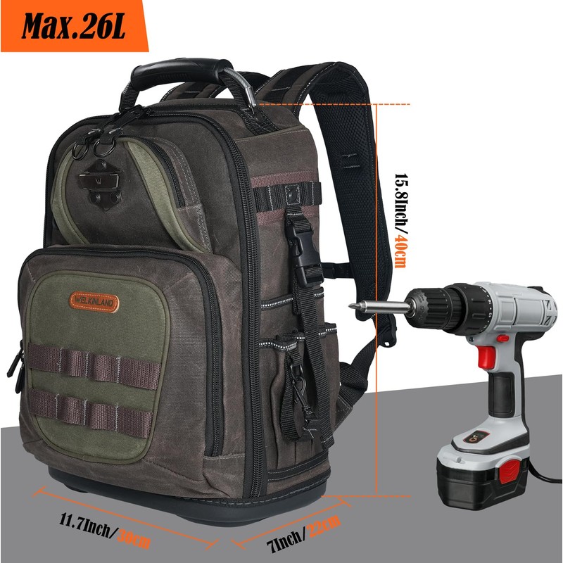 WELKINLAND 36-Pockets Electrician Backpack, Hard-Based HVAC Backpacks, Waxed-Canvas Technician Backpack,